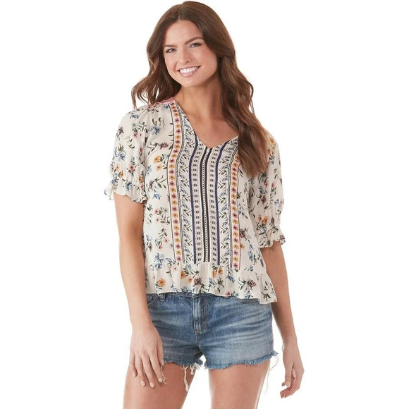 Lucky Brand Women's Floral Border Print Peplum Top Size Small - Picture 1 of 11